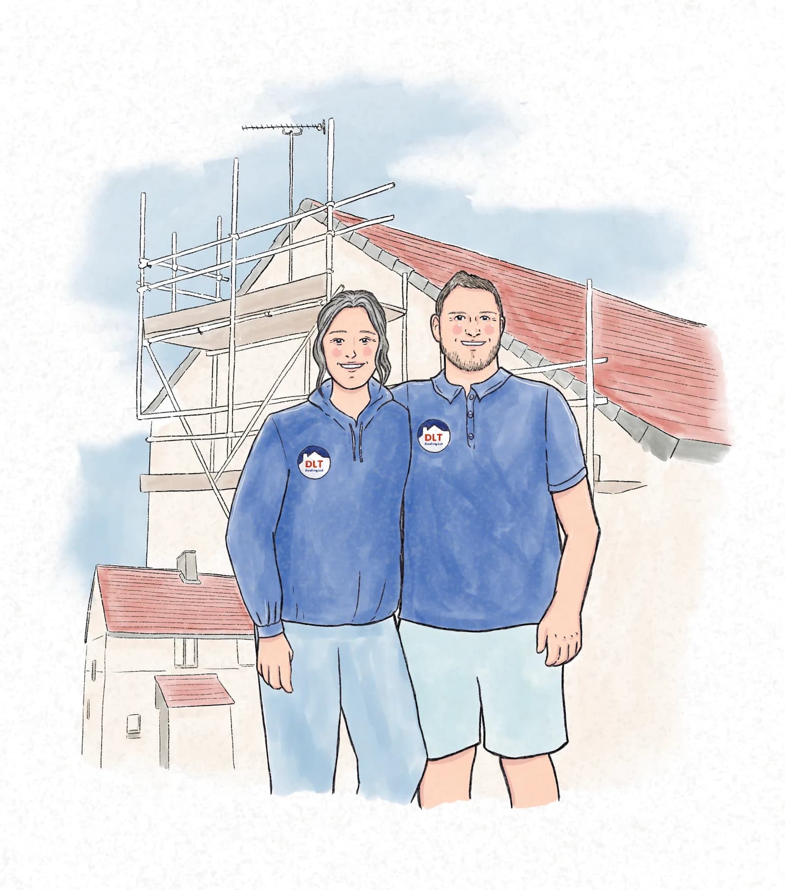 Illustration of Connie and Dave, DLT Roofing's two directors, standing side by side in DLT-branded roofing fleece and polo shirts in front of a house mid re-roof, with scaffolding up and the pitched tile roof partly relaid.