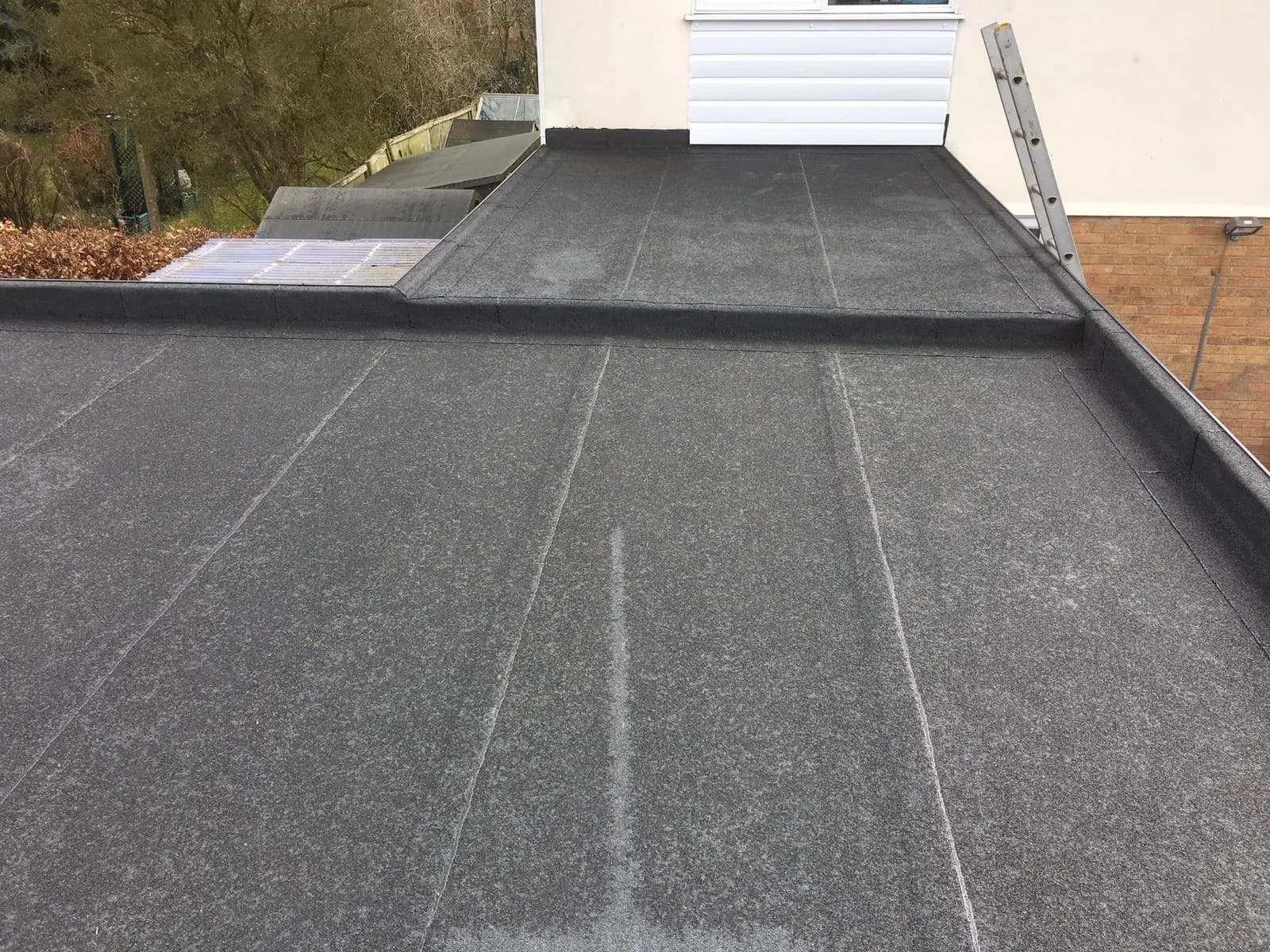 A large grey mineral-felt flat roof with a raised upstand step and a glazed rooflight to one side, a ladder resting against the wall.